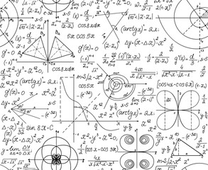 Wall Mural - math scientific vector seamless background with handwritten formulas, figures and equations