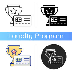 Rewards credit card icon. Making purchases and cash back. Doing shopping and getting discounts. Bonuses for buying things. Linear black and RGB color styles. Isolated vector illustrations
