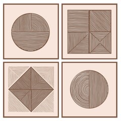 Wall Mural - Abstract minimalist wall art composition in beige colors. Simple line style. Geometric shapes, circles, squares design. Modern creative hand drawn background.