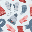 Winter clothes vector seamless pattern. Christmas hand drawn background with knitted hats, mittens and scarf
