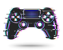 Game Controller, Gamepad With Sticks And Buttons, Game Controller Isolated On A White Background. With A Digital Effect. With An Interference Effect.