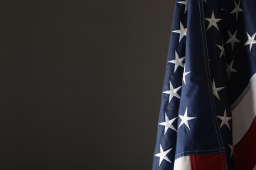 America flag on grey background, closeup with space for text. Memorial Day