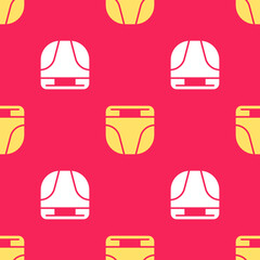 Poster - Yellow Diaper for dog icon isolated seamless pattern on red background. Pet hygiene accessory. Vector