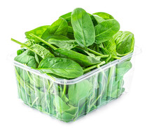 Spinach Leaves  In A Plastic Container Isolated On White Background. Green Spinach Leaf Box Side View.  Close-up