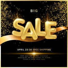 Wall Mural - Big sale promotion marketing template luxury golden balloon text and ribbon decoration with black dark background