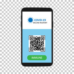 Vaccine passport.Coronavirus Immune passport template icon. Smartphone with immune health passport for covid-19.Immunity passport for travel during .Coronavirus pandemic concept.Vector isolated.