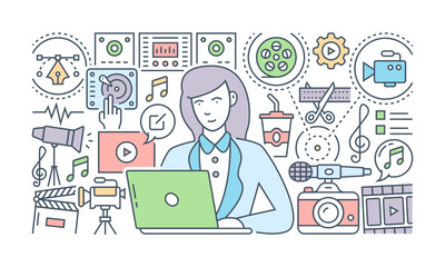Wall Mural - a banner of social media designed with flat linear illustration