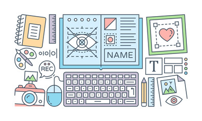 Wall Mural - a banner of social media designed with flat linear illustration