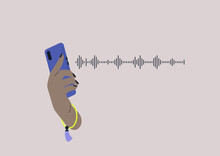 A Voice Message Concept, A Sound Wave, Listening To Music, A Hand Holding A Smartphone