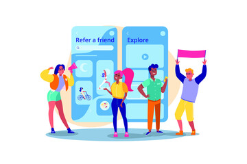 Wall Mural - Refer a friend concept. A group of young active people with flag shouting in loud speaker.