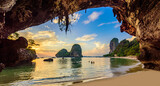 Fototapeta  - Phra Nang Cave Beach at sunset - Tropical coast scenery of Krabi - Paradise Travel destination in Thailand, Asia
