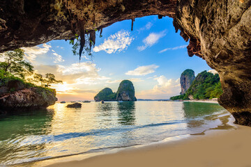 phra nang cave beach at sunset - tropical coast scenery of krabi - paradise travel destination in th