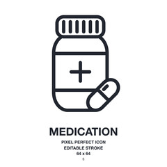 Wall Mural - medication and pill editable stroke outline icon isolated on white background vector illustration. p