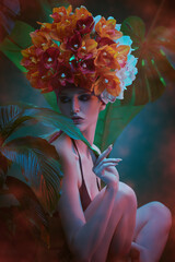 Wall Mural - gorgeous woman in floral headdress