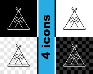 Sticker - Set line Traditional indian teepee or wigwam icon isolated on black and white, transparent background. Indian tent. Vector