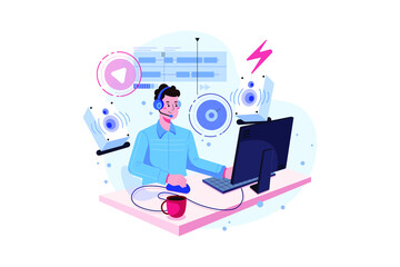 Sound designer or videographer working on his project. Movie editing and sound production vector illustration.