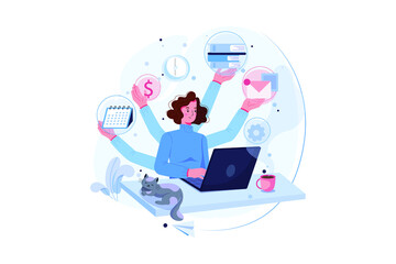 Wall Mural - freelance worker illustration concept. multitasking, time management and productivity concept