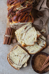 Poster - Babka or brioche bread with cinnamon and brown sugar. Homemade pastry for breakfast.