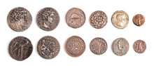 Ancient Roman And Jewish Coin Replicas Isolated On A White Background