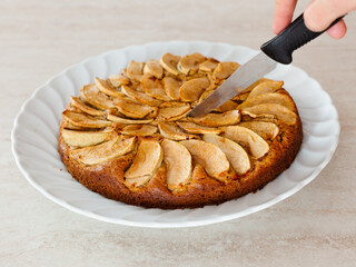 Apple pie in a white porcelain dish. Vegan recipe for breakfast