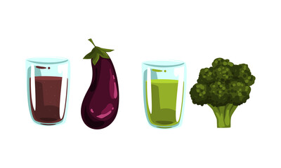 Sticker - Glass of Fresh Squeezed Juice with Vegetable Ingredient Rested Nearby Vector Set