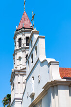 St George Street In Downtown Florida City On Sunny Summer Day By St. Augustine Cathedral Basilica Church Bell Tower