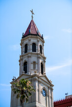 Bell Tower Of Cathedral Basilica Of Saint St Augustine In Florida City, The Seat Of Catholic Bishop In Downtown In Summer