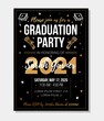 2021 graduation party invitation design template. Congratulations graduates vector illustration for banner, greeting cards, poster. Class of 2021 gold typography design with stars and doodles.