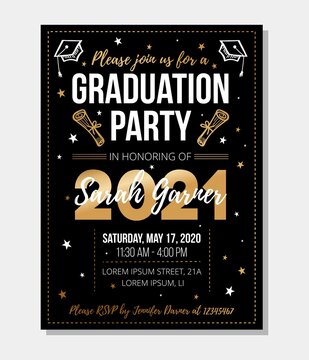 Wall Mural - 2021 graduation party invitation design template. Congratulations graduates vector illustration for banner, greeting cards, poster. Class of 2021 gold typography design with stars and doodles.
