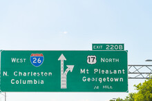 Direction Road Traffic Exit 220B Sign For Interstate Highway 26 West To North Charleston, Columbia And Mount Pleasant Georgetown On 17 Street In South Carolina City