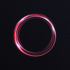 Wall Mural - Luminous vibrant neon circle ring, abstract glowing light effect vector illustration. Shiny storm trace round swirl, swirling lines trails, twinkle motion element on transparent black background