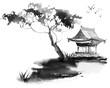 canvas print picture - Paintedby ink and watercolor tree and japanese building