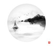 Oriental sunrise seascape with fishing sailboat and rocky coast with trees in circle on white background. Traditional oriental ink painting sumi-e, u-sin, go-hua. Hieroglyph - happiness.