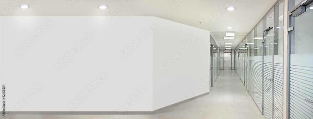 Empty bank office hall with glass walls and doors - obrazy, fototapety, plakaty 