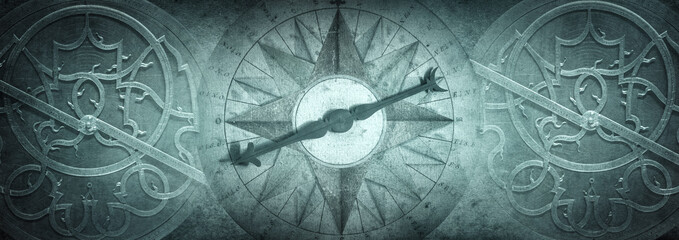 Wall Mural - old compass and astrolabe - ancient astronomical device on vintage background. abstract old conceptu