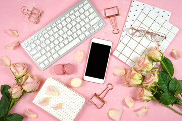 Wall Mural - Desktop workspace flatlay blog hero header, blush pink roses on pink background.