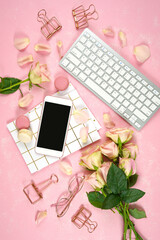 Wall Mural - Desktop workspace flatlay blog hero header, blush pink roses on pink background.