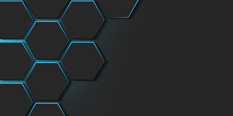 Dark horizontal background with honeycombs and hexagons with blue glow