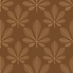 Wall Mural - Chestnut leaves brown seamless vector pattern. Repeating nature autumn leaf background with fall plants. Use for fabric, fashion textiles, wrapping, surface pattern design.