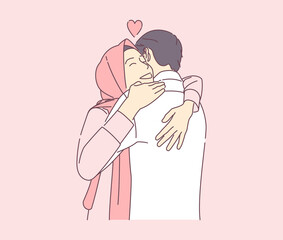 Wall Mural - a beautiful muslim woman hugging a man with happy smile vector hand drawn illustration can use for landing page template ui web homepage poster banner flyer