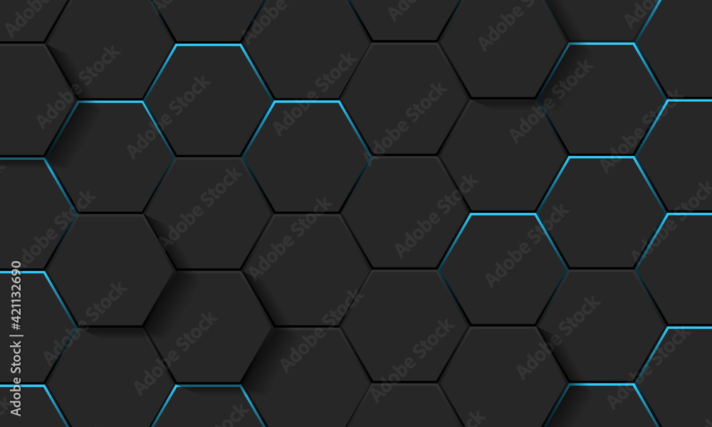 Black futuristic background with hexagon honeycomb and blue glow Stock ...