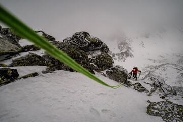 Wall Mural - An alpinist climbing in winter alpine like landscape of High Tatras, Slovakia. Winter mountaineering in snow, ice and rock. Alpinism, high peaks and summits with snow and ice.