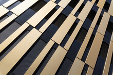 Modern, Abstract Facade With Gold And Black Elements From Oblique Angle With Sun Reflection As Architecture Background