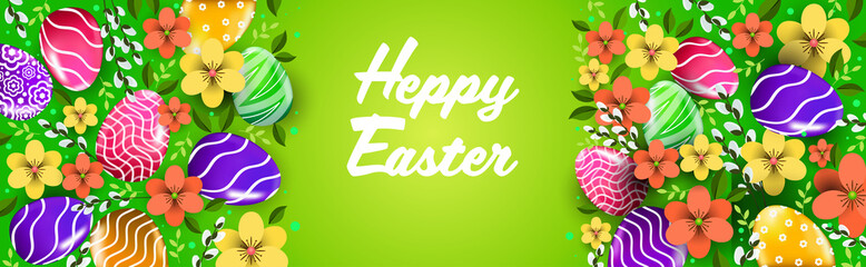 Wall Mural - happy easter holiday celebration banner flyer or greeting card with decorative eggs and flowers horizontal