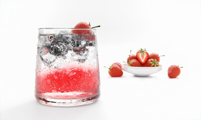 fresh fruit alcohol cocktail or mocktail in classic clear glass with ice cubes. Strawberry cocktails. Alcoholic beverages mixed with fruit juice. Isolated on a white background. 3D Rendering