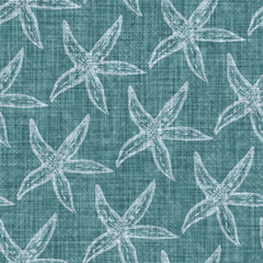 Aegean teal mottled star fish linen texture background. Summer coastal living style 2 tone fabric effect. Sea green wash distress grunge material. Decorative starfish motif textile seamless pattern

