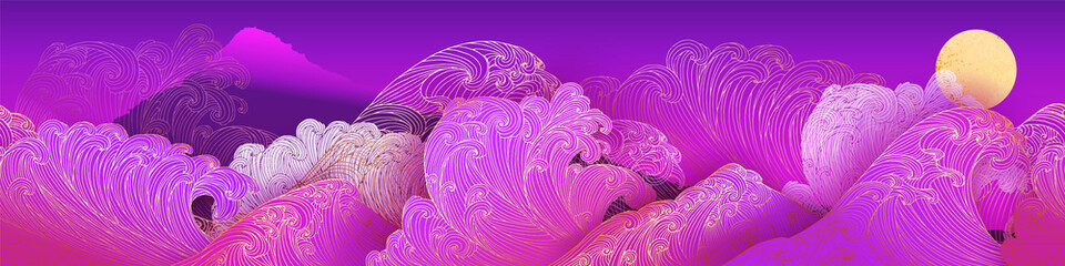 Line art design of waves, mountain, modern hand-drawn vector background, gold ink pattern. Minimalist Asian style.