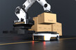 © Es sarawuth - The Robot arm picks up the box to Autonomous Robot transportation in warehouses, Warehouse automation concept.