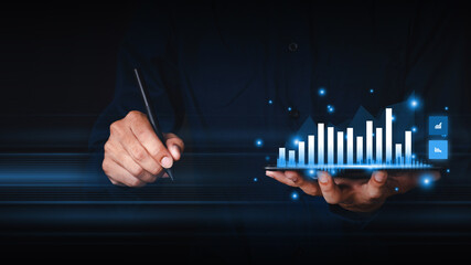 Businessman hand show Stock chart showing rising stock sign with graph indicator. Interest rate financial and mortgage rates concept.