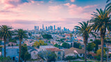 Fototapeta  - Beautiful sunset of Los Angeles downtown skyline and palm trees